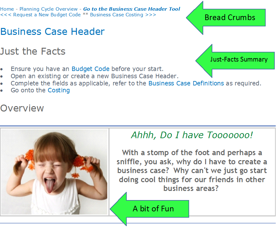 HOW-TO page with breadcrumbs, Just the Facts and a catchy image
