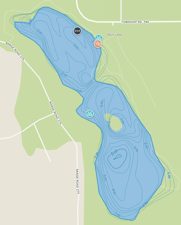Water depth profile of Muir Lake as well as roads and area around it. 