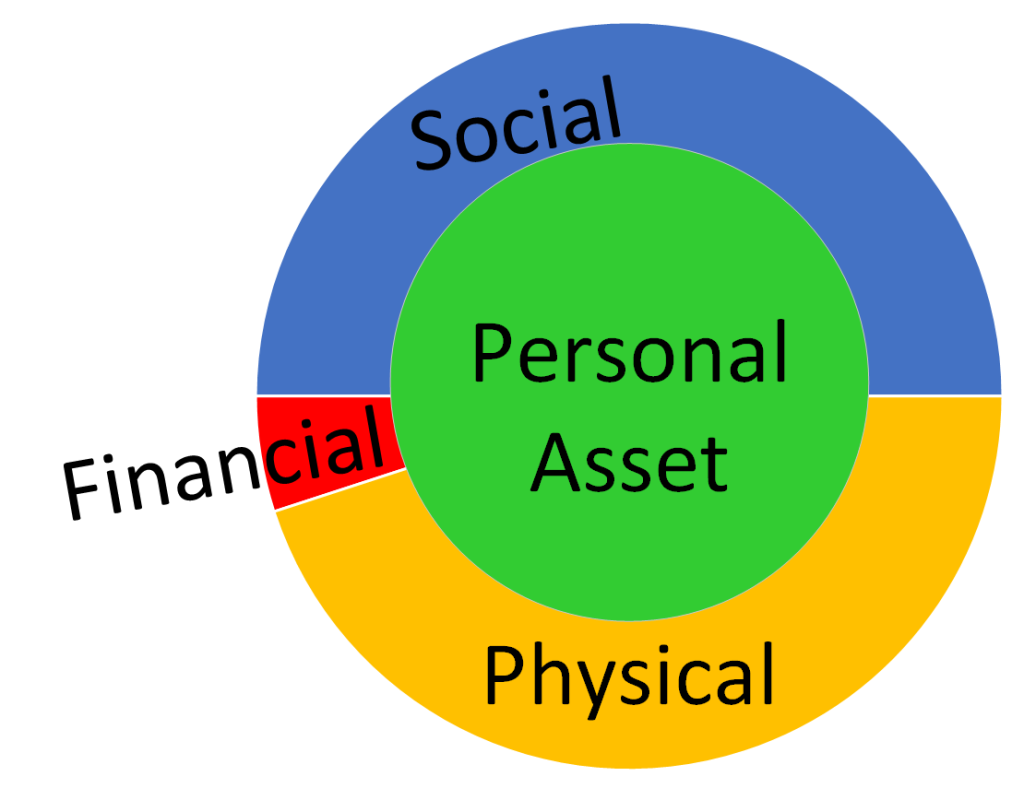 Model showing four asset blocks that pertain to all individuals as they navigate society. The blocks are Personal, Social, Physical and Financial.
