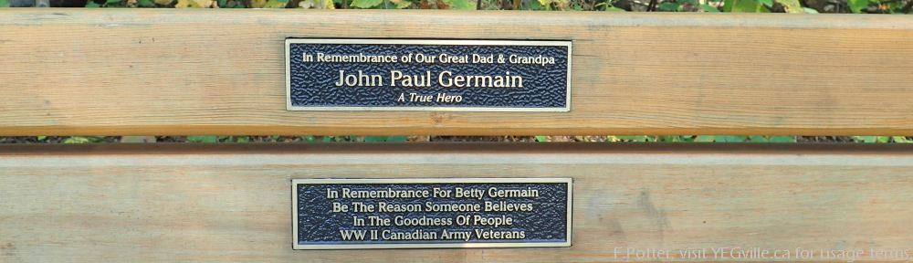 Two memorials on a bench, Sherwood Park NA, P.Potter Sept 16, 2023.