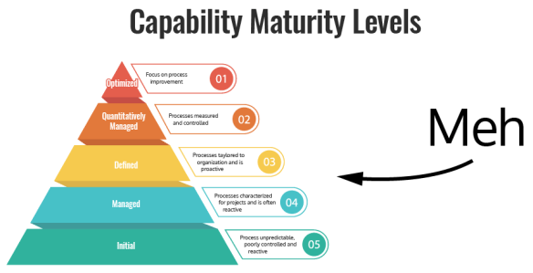 The Capability Maturity Model (CMM) with an editorial comment from barryoreilly.com, used with permission.
